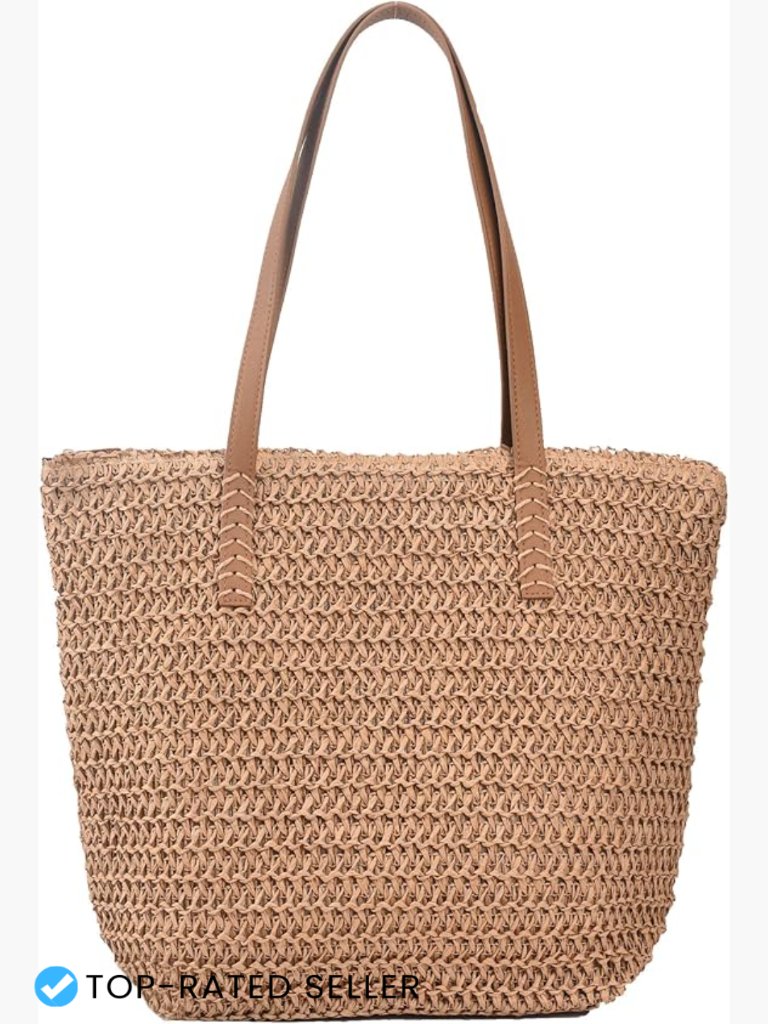Large Straw Shoulder Tote Bag Woven Beach Bag Summer Handbag With Zipper